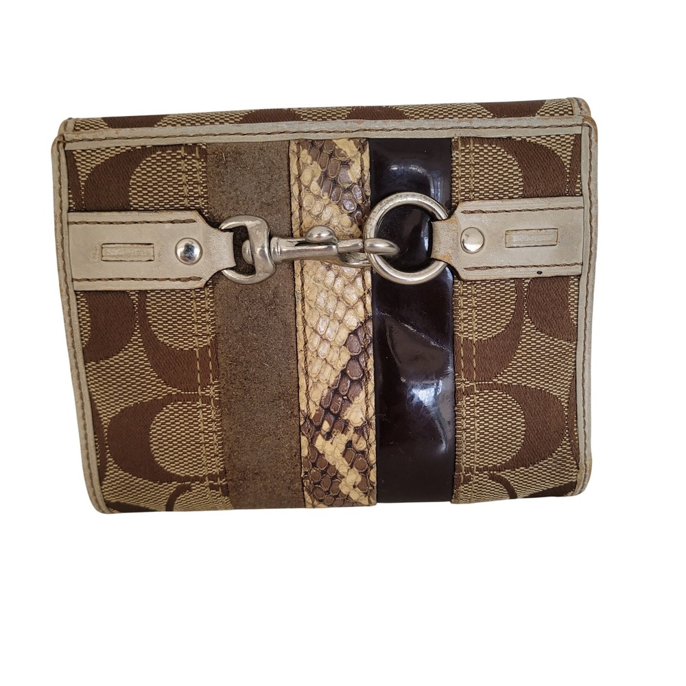 Coach Signature C Bifold Wallet Mixed Media Suede Snakeskin Patent Brown Cream